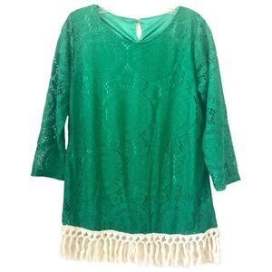 Chic Sass Boho Crotchet Trim Lace Overlay Green Blouse Large‎